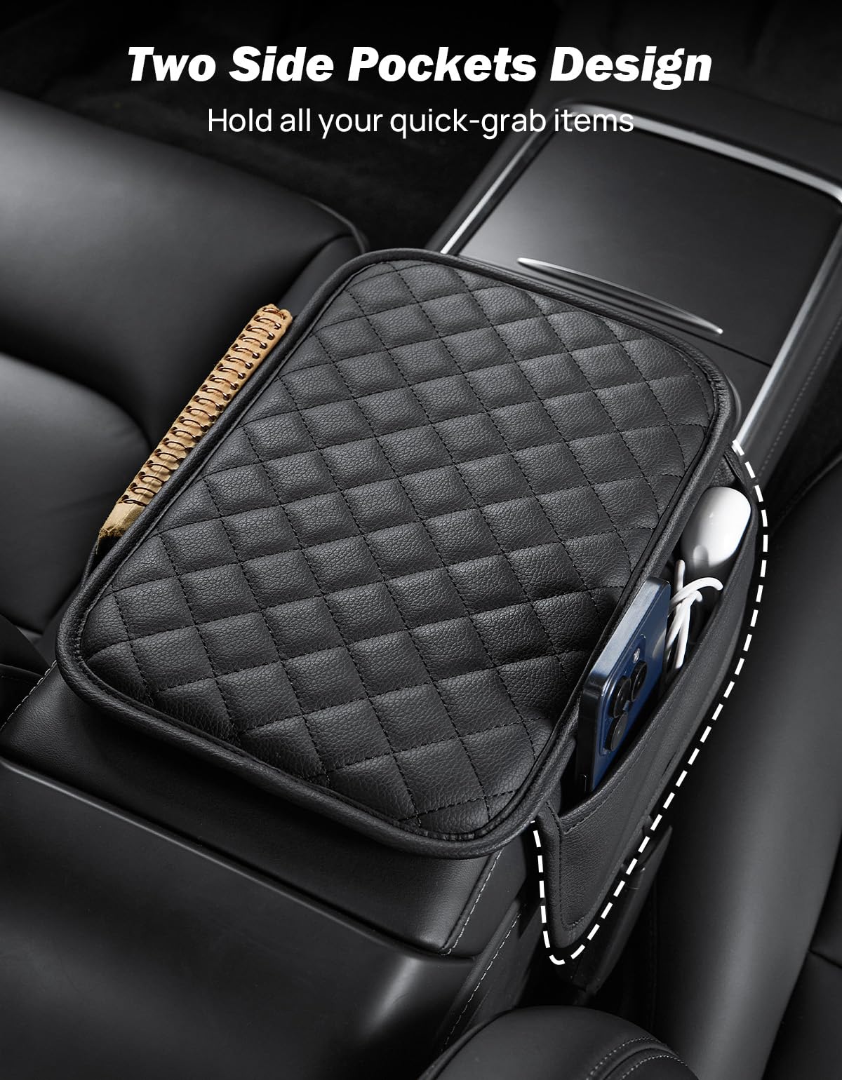 Center Console Cover with Storage Bag for SUV Sedan Car (Black / 12.6" x 7.75" x 0.66")