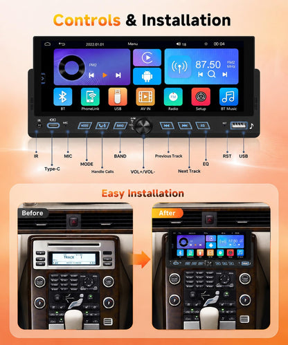 6.86" Single Din Car Stereo with Wireless CarPlay and Android Auto