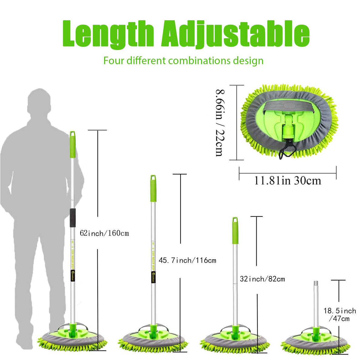 62" Car Wash Brush Mop Kit with Long Handle (Green)