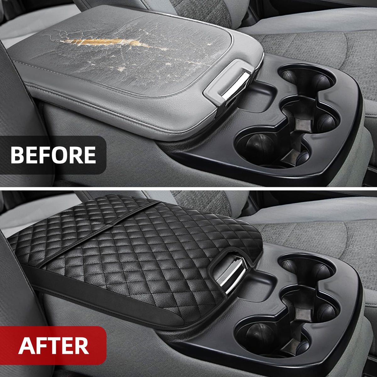 Center Console Cover for 2013 (Fit for 2013-2018 Dodge Ram Jump Seat / Black Leather（with 2 Front Pockets）)